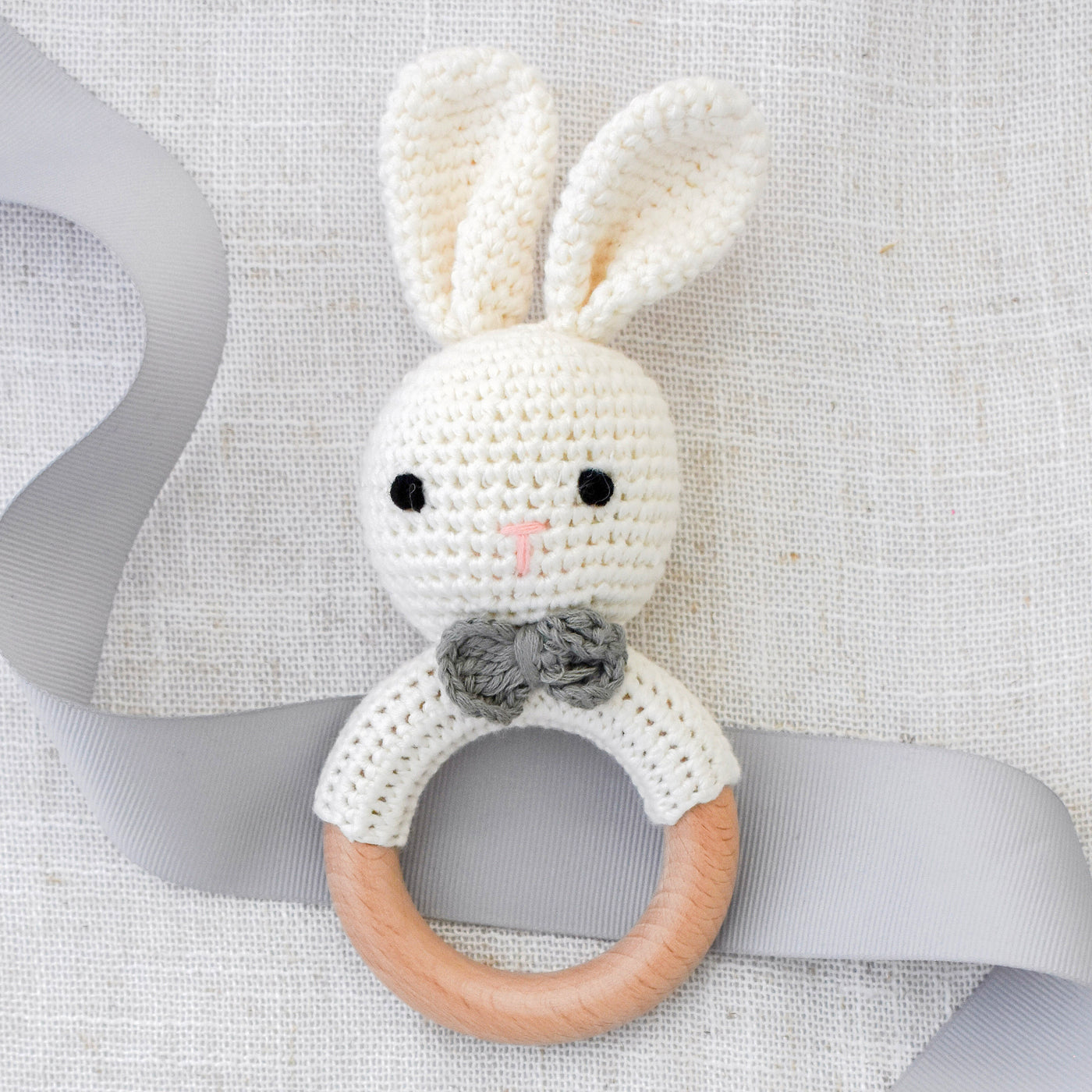 Baby and me gift box. Close up of Crochet Bunny Rattle