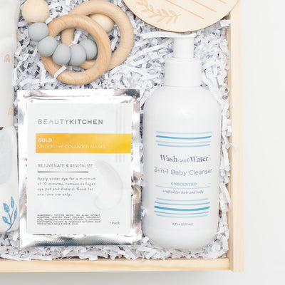 Celebrate the milestone of a new baby (and mom!) in your life with this thoughtful and elegant gift box. Close up of Fragrance Free Baby Cleanser and Eye Gels for Mom