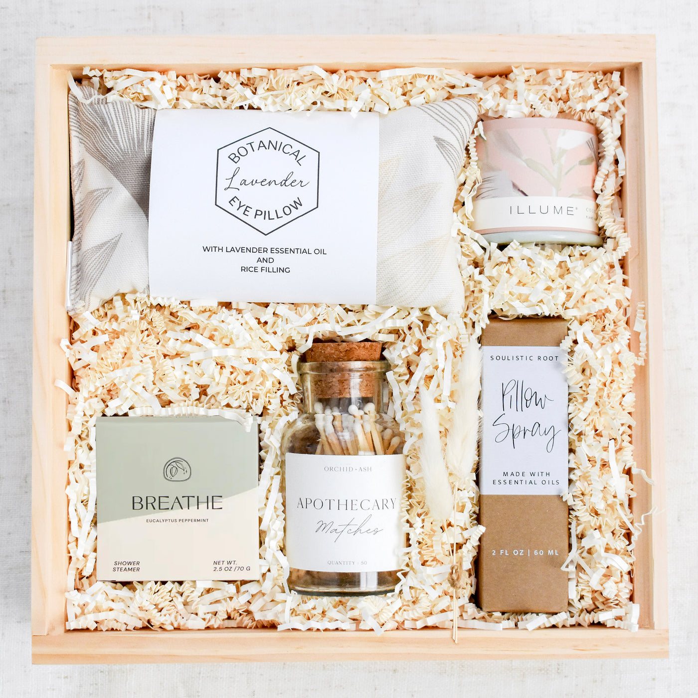 Enjoy this carefully curated gift box with all the makings for an unforgettable self-care day or night. Includes: Weighted Botanical Lavender Eye Pillow, Coconut Milk Mango Tin Candle, Breathe Shower Steamer, Apothecary Matches, Pillow Spray